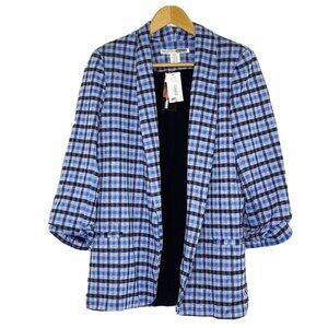 Necessary Objects Women's Large Open Front 3/4 Sleeve Blazer Jacket Blue Plaid